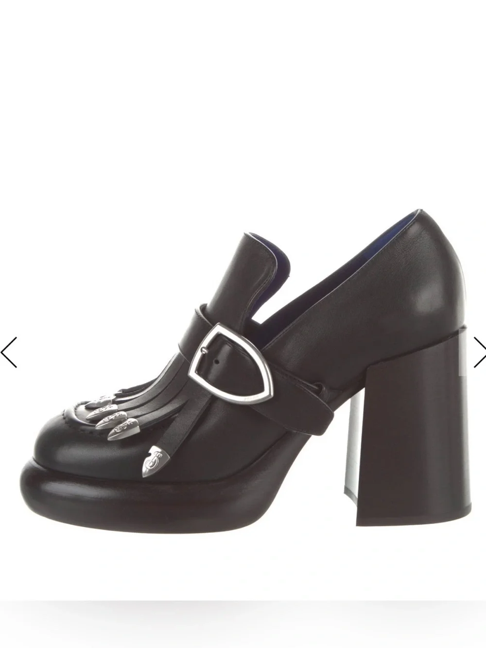 Burberry Black Leather Kiltie Buckle Block Heel Loafer